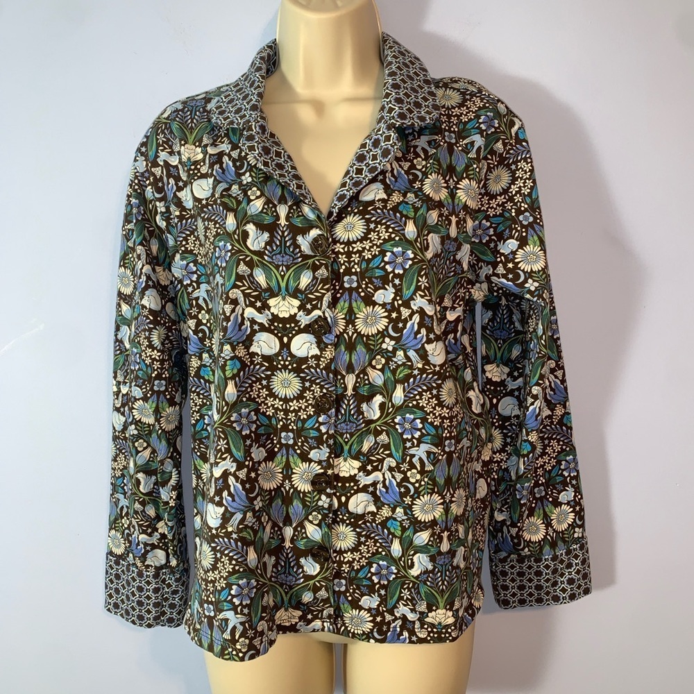 Vera Bradley whimsical Womens Floral Button-Front pj top Blue Black enchanted